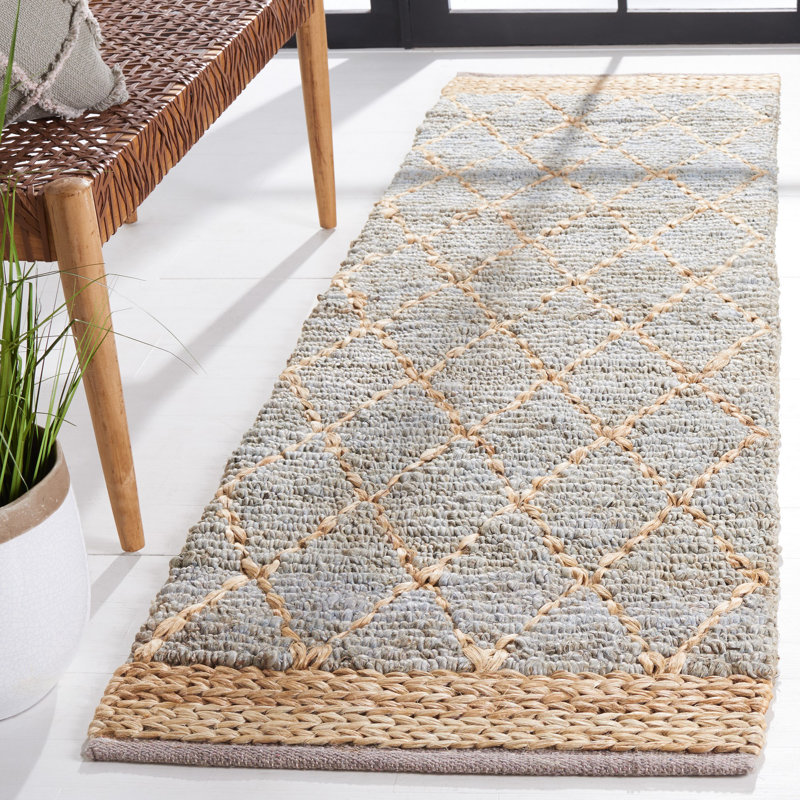 Alegria Natural Fiber Hand Loomed Jute/Cotton Geometric Rug in Light Blue/Brown, Runner 2'6" x 10'