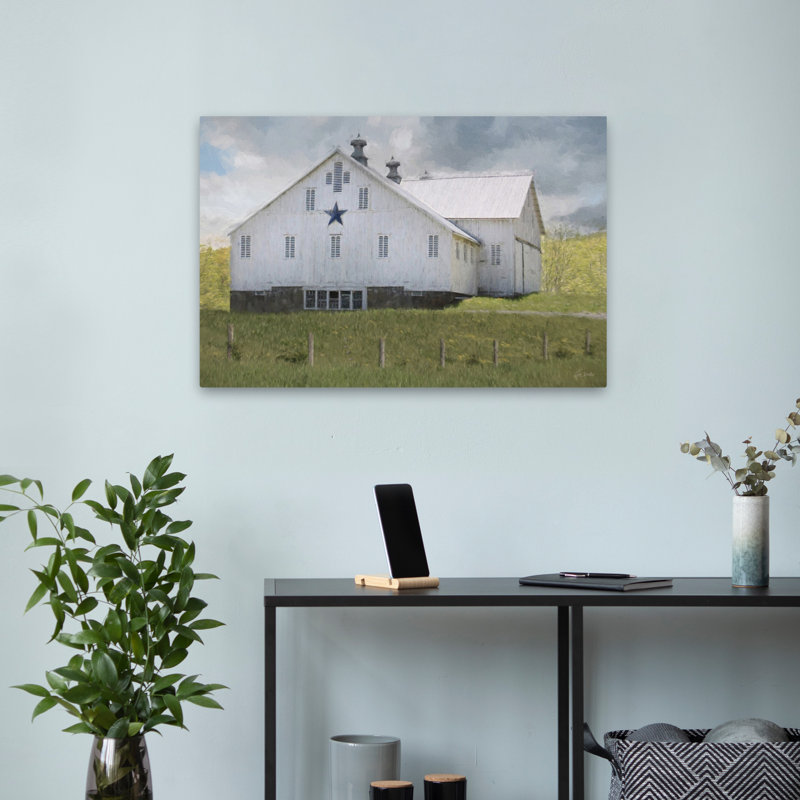 Country Charm Barn - Modern Farmhouse Vintage White Barn Blue Star, H 16 po x l 24 po