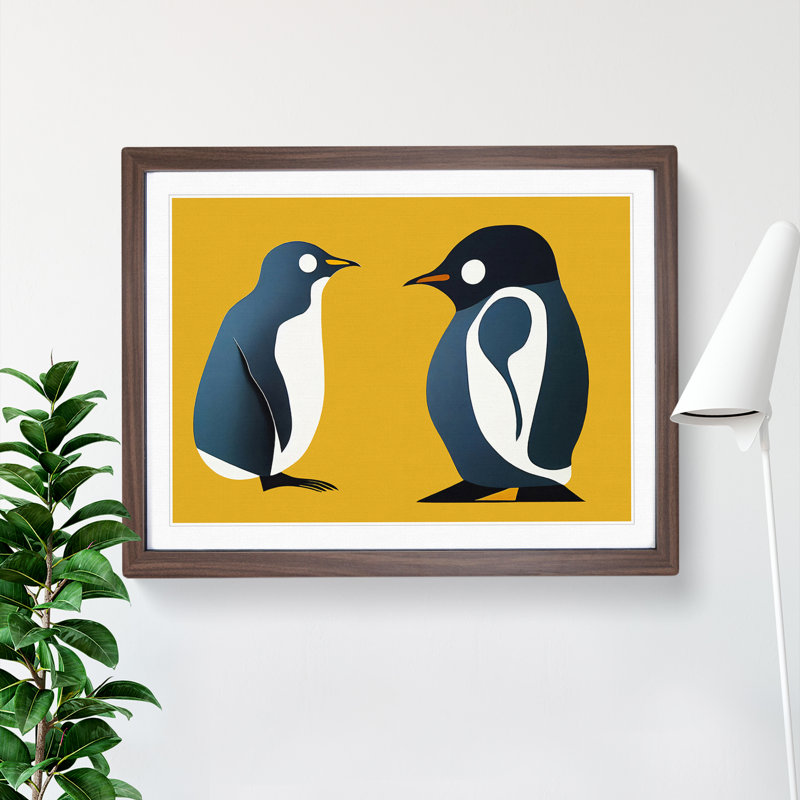 Young Penguins Abstract - Framed Print, 46cm H x 64cm W x 2cm D, Walnut