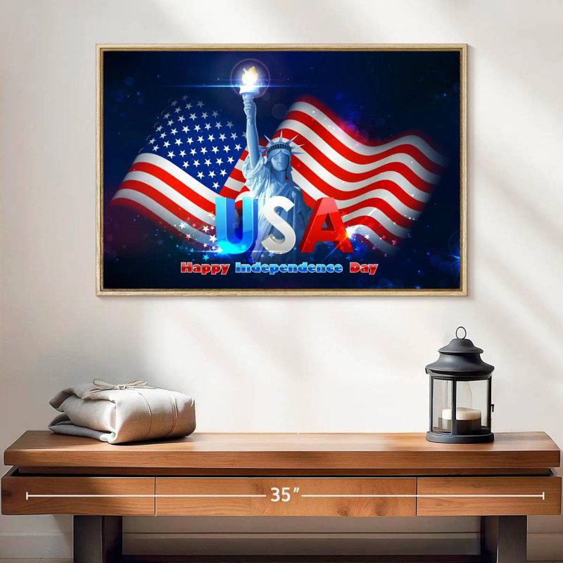 Statue de la liberté, drapeau des États-Unis, 25 po x 17 po, Cadre flottant en bois naturel
