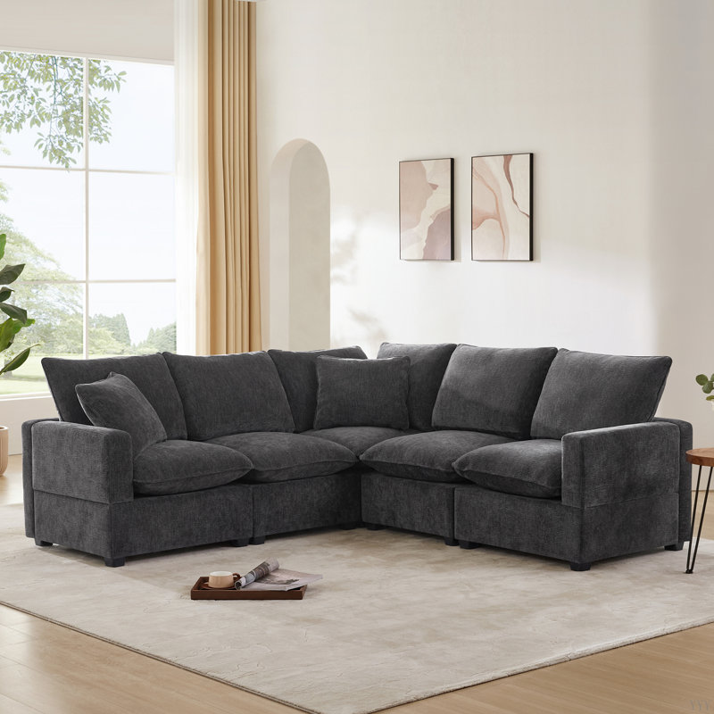 Canapé modulaire en forme de L 86 * 86 ", ensemble de canapé modulaire en chenille 5 places avec 2 coussins inclus, mobilier d'intérieur librement combinable pour le salon, appartement, bureau, 2 couleurs
