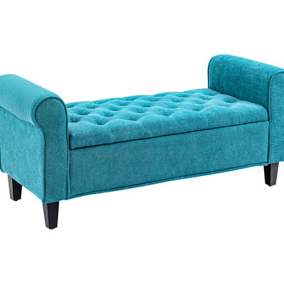 50" End Of Bed Bench With Storage, Teal Velvet - Storage 50". Upholstered Soft Velvet. Button , Rolled Arms. Wood Legs. For Bedroom, Living Room, Entryway. Hidden Storage. 264 Lbs Static Weight