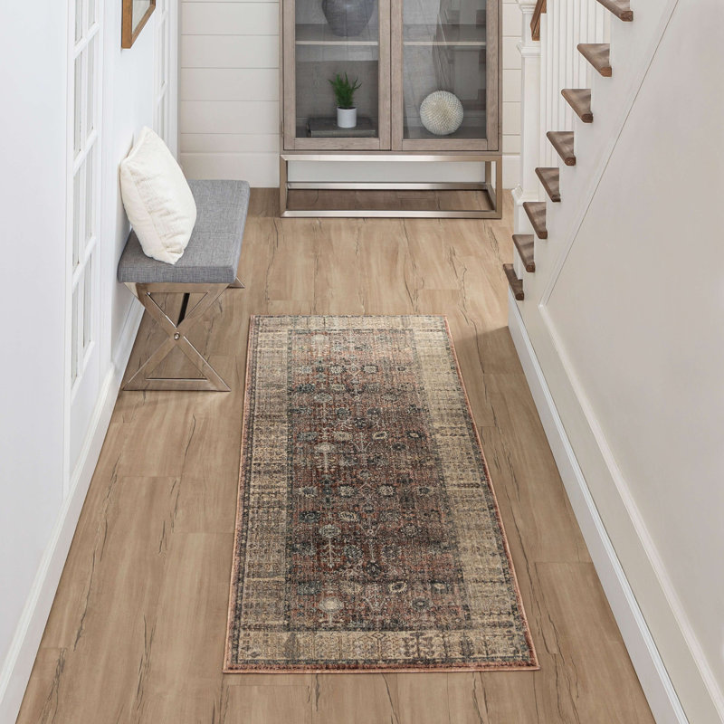 Rustic Red and Brown Floral Synthetic Runner Rug
