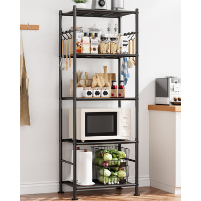 Storage Shelves - 5-Tier Large Capacity Shelf Organizer with Hooks, Heavy-Duty Garage Shelving with Leveling Feet, Wobble-Free Rack for Bedroom, Balcony, Garage, 18.1"×12.4"×56.8", Black
