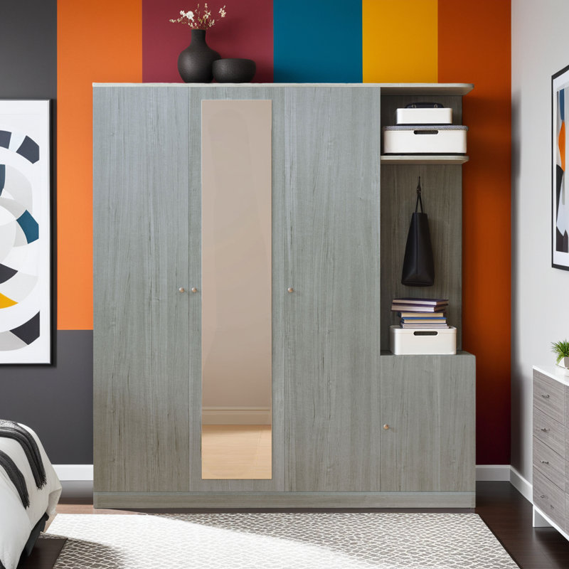 Armoire penderie 4 portes avec tringles suspendues, armoire à chaussures, miroir et tiroir, Gris