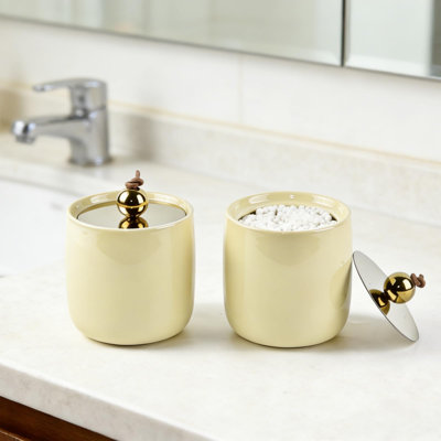 Ceramic Qtip Holder Dispenser with Lids, White Apothecary Jars Bathroom Vanity Organizer for Home Decor, Bathroom Canister, 2 Pack, (Yellow)