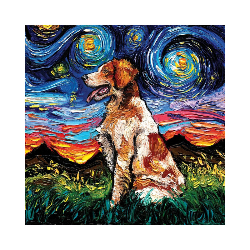«Brittany Spaniel Night» par Aja Trier - peinture sur toile tendue, H 12 po x l 12 po x P 0,75 po