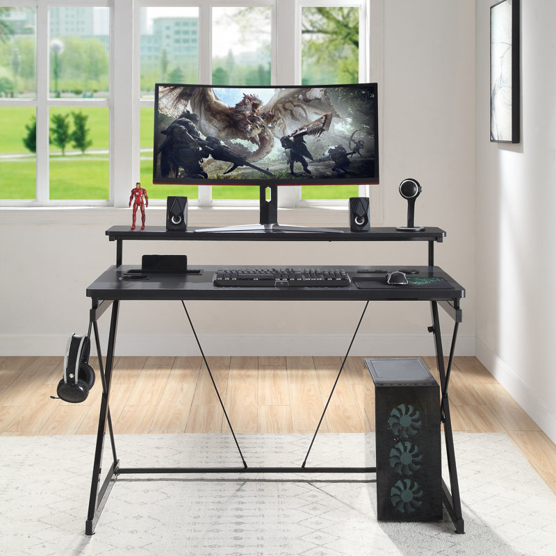 Metal Base Computer Desk with Power Outlet, Black, Black