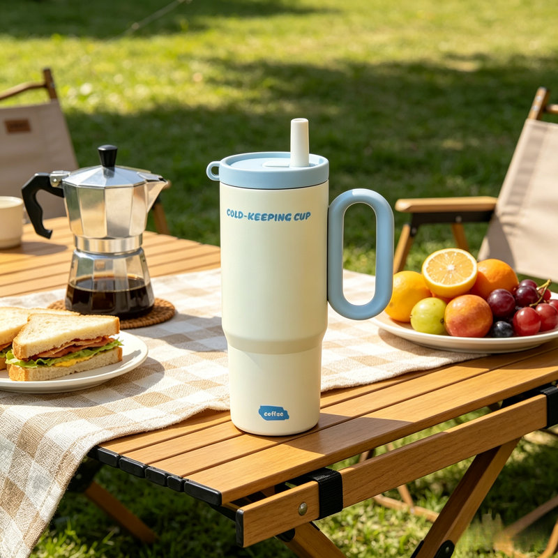 Tambour de paille isolant à poignée crémeuse bleu clair de qualité supérieure 24 oz, tasse à boisson froide et chaude en acier inoxydable 18/8