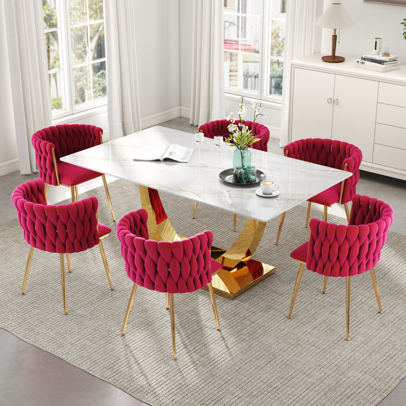 Ensemble de salle à manger rectangulaire à piédestal avec chaise tissée, H 29,5 po x L 63 po x l 35,4 po, Rose rouge