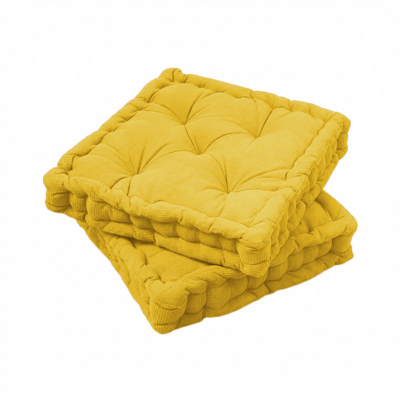 Tufted Corduroy Floor Cushion Set Of 2, Square Thick Seat Pads For Chair, Floor & Sofa, Yellow