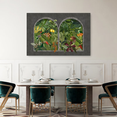 Jungle Parrots Window Abstract Bird Forest Fruit Wall Art Print by Andrea Haase - Print