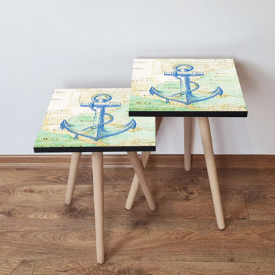Modern Nesting Table Set (2 Pieces), Navy Blue, Green & Beige, 13.8 x 18.5 x 13.8 in & 13.8 x 16.5 x 13.8 in | 100% MDF with Beech Wood Legs, Stylish & Functional for Living Room or Office Decor, Novelty Design