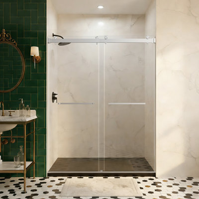 56–60" W X 76" H Double Bypass Sliding Shower Door, Frameless 3/8" Thick Tempered Glass, Reversible, Waterproof, Aluminum Alloy, Towel Bar, Easy Installation