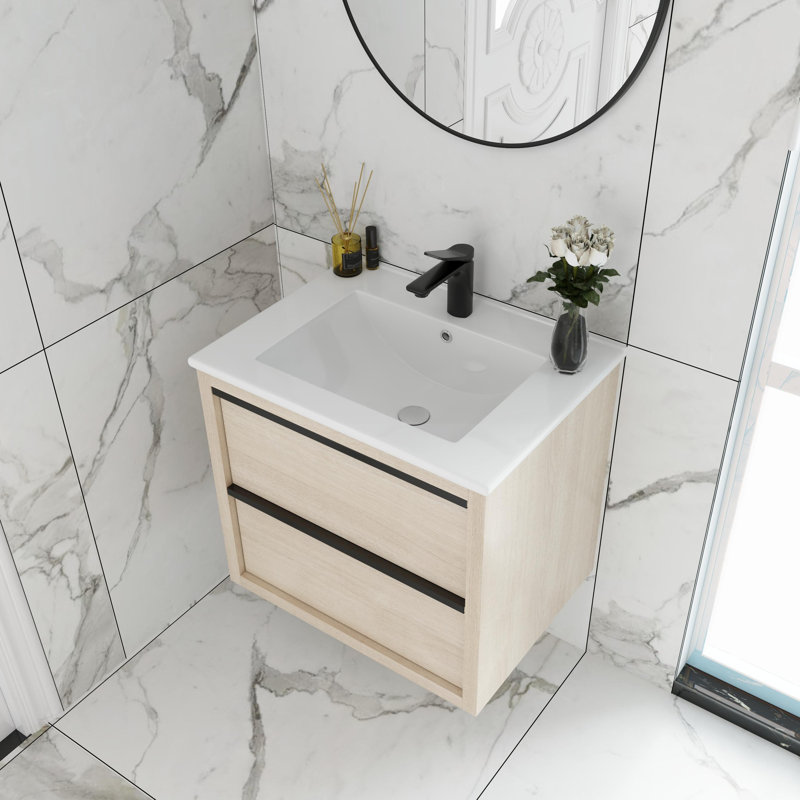 Ensemble de meuble-lavabo mural simple 24 po avec lavabo en céramique Tekiya, Blanc lustré