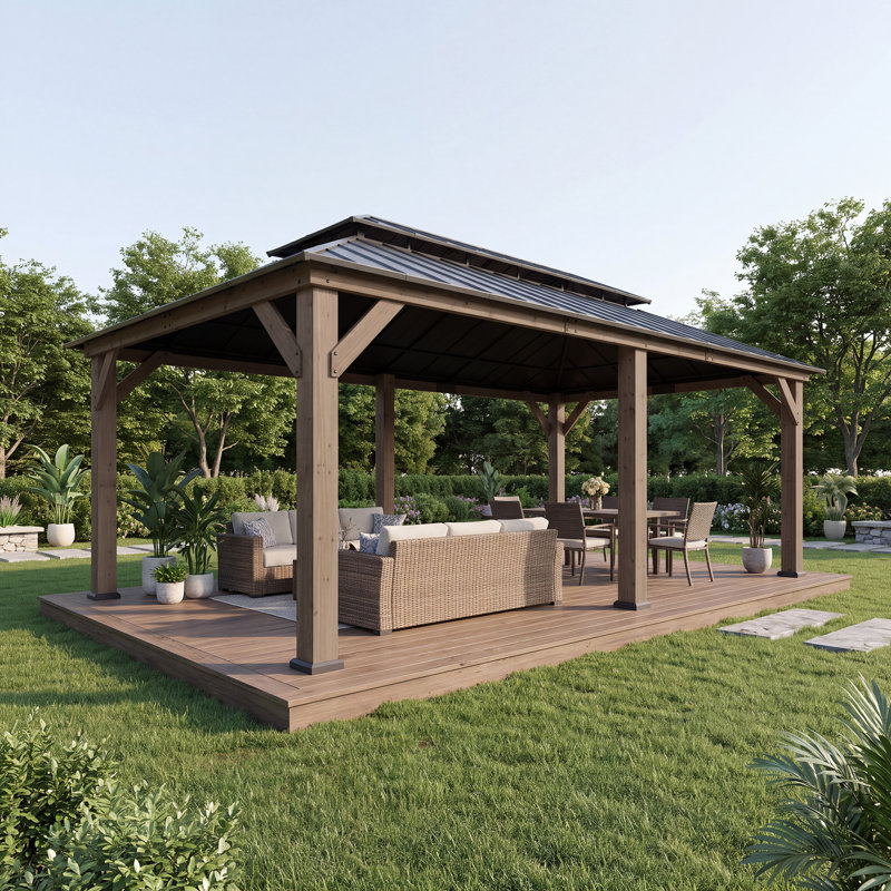 SUNJOY 12 x 20 ft. Wood Gazebo, Outdoor Patio Cedar Framed Wooden Hardtop Gazebo with 2-Tier Metal Roof, Suitable for Patios, Lawn and Backyard, Dark Brown Roof + Dark Wood Frame