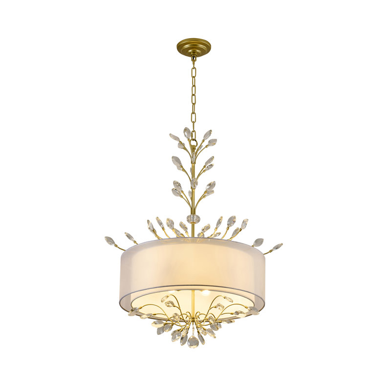 Lustre 6 branches en argent vieilli avec abat-jour en tissu et cristaux