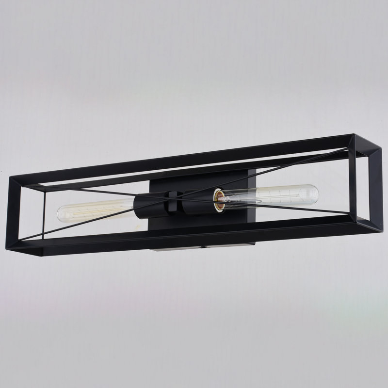 Milton 2-Light 24 In. Wide Matte Black Transitional Flush Wall Sconce With Metal Cage Shade, Dimmable, LED Compatible, Steel Bathroom Vanity Lighting Fixture, Vertical Or Horizontal Mount Bath Bar