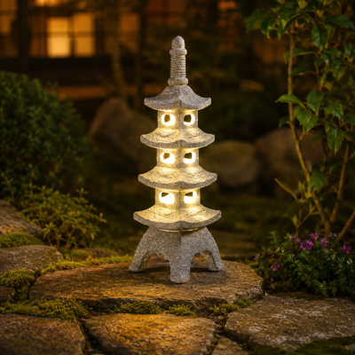 15.8"h Solar Multi-layered Pagoda Garden Statue: Waterproof Resin Zen Decor - Patio Yard Lawn Decoration(gray)