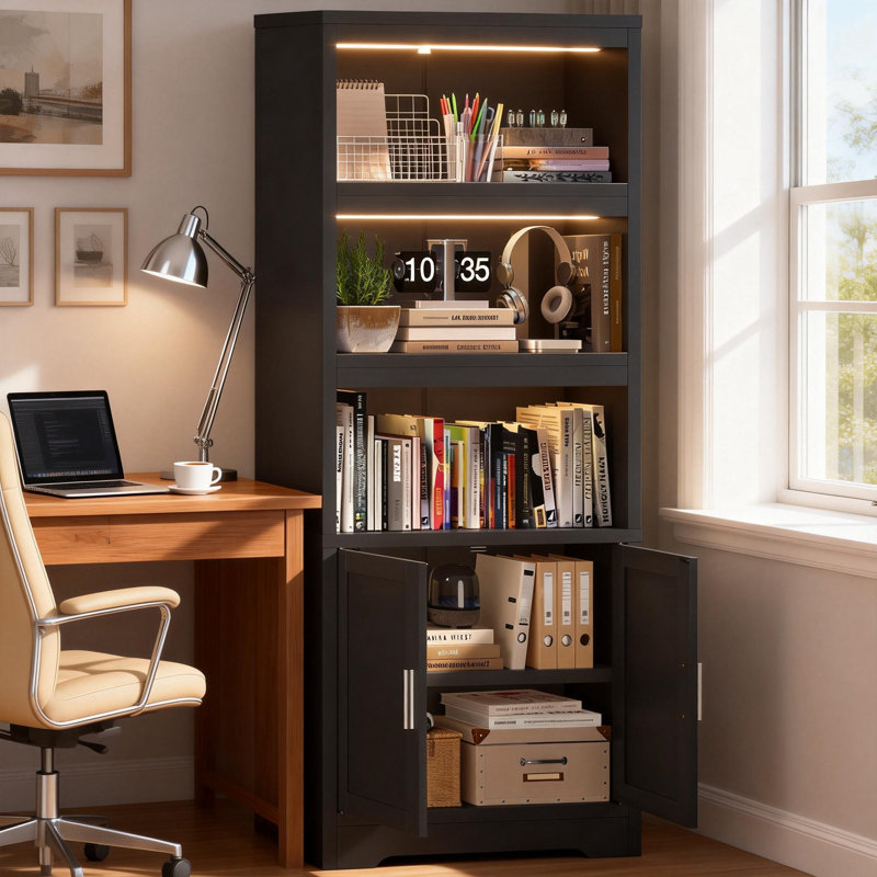 62.9'' H Bookshelf and Bookcase with Doors, 5-Tier Display Storage Cabinet, Remote Control LED Lights