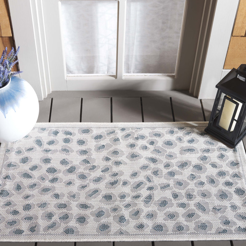 Ivory and Blue Non-slip Synthetic Square Rug