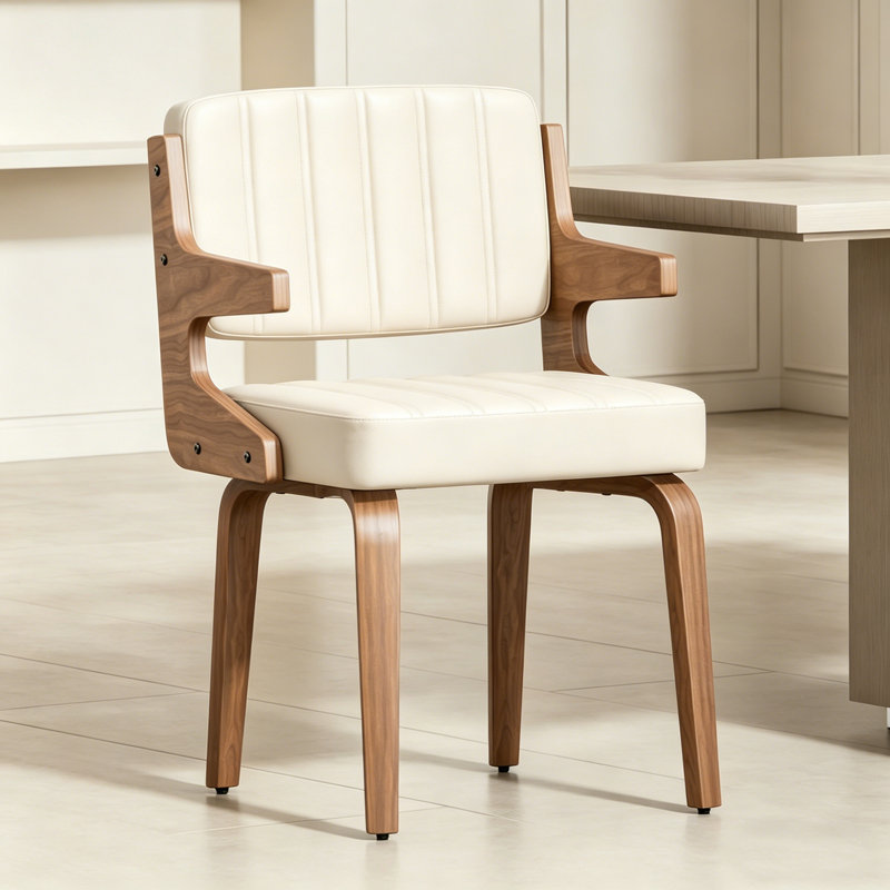 Modern Dining Chair With Wooden Armrests - Pu Leather Upholstered Side Chair For Kitchen & Dining Room, Beige, 1