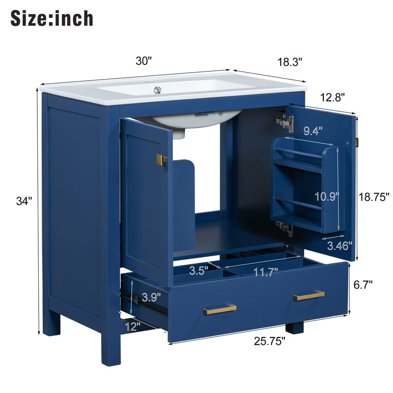 Ensemble de meuble-lavabo simple 30 po avec plateau Egzon, Bleu