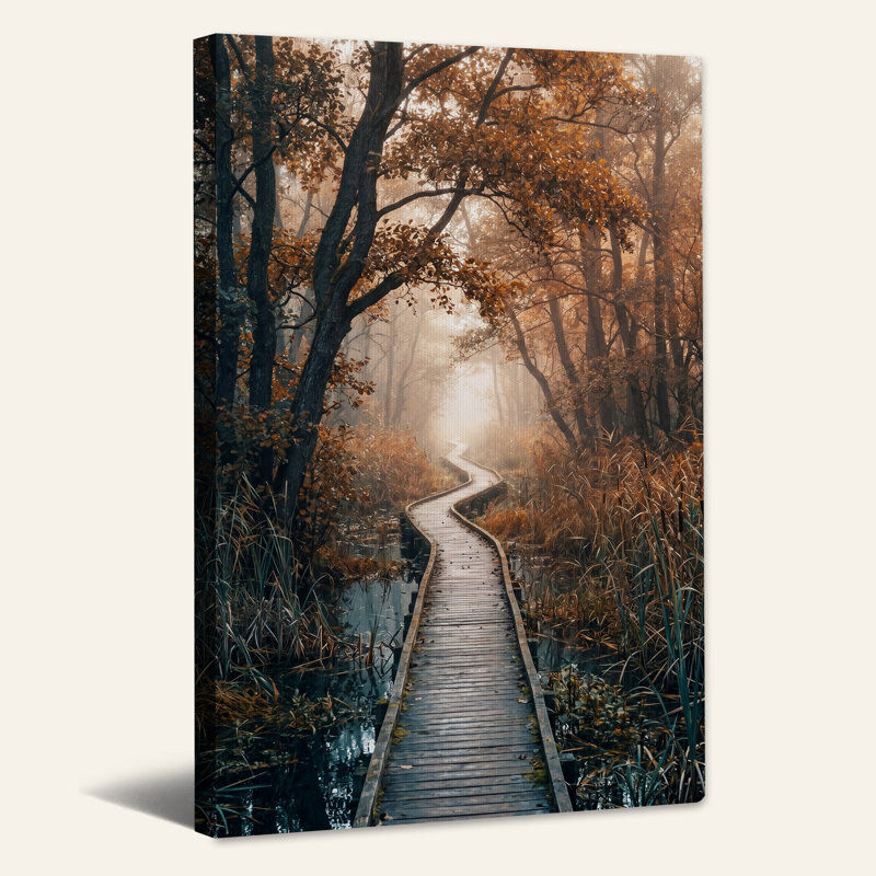 «Winding Wooden Boardwalk in Misty Autumn Forest», art mural sur toile, H 36 po x l 24 po