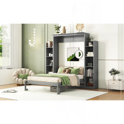 Lit escamotable double pleine grandeur avec tablettes et lumières DEL, gris