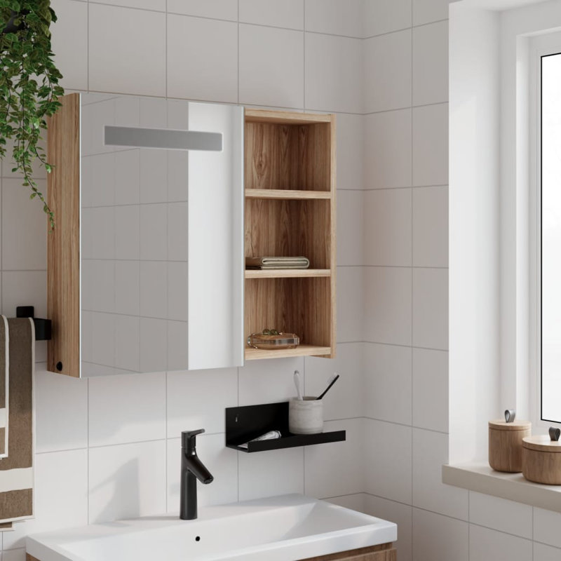 Adrianny 52 mm H Framed Mirrored Bathroom Cabinets, 52 cm H x 60 cm W x 13 cm D, Oak