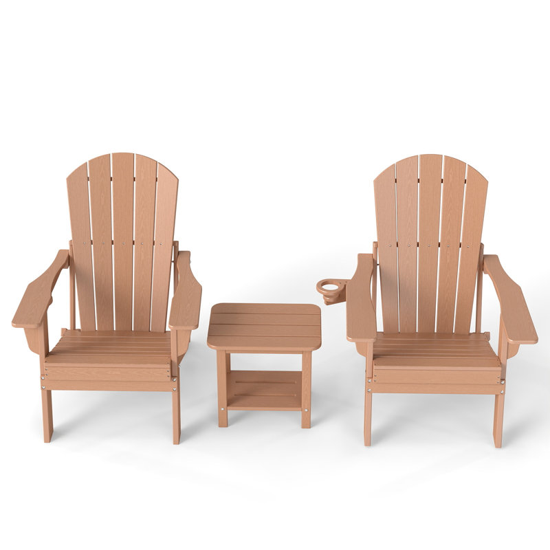 3-Piece Outdoor HDPE Adirondack Seating Set – 2 Foldable Patio Chairs With Cup Holders & 2-Tier End Table, All-Weather Poly Lumber Furniture For Porch, Backyard, Deck & Pool Area