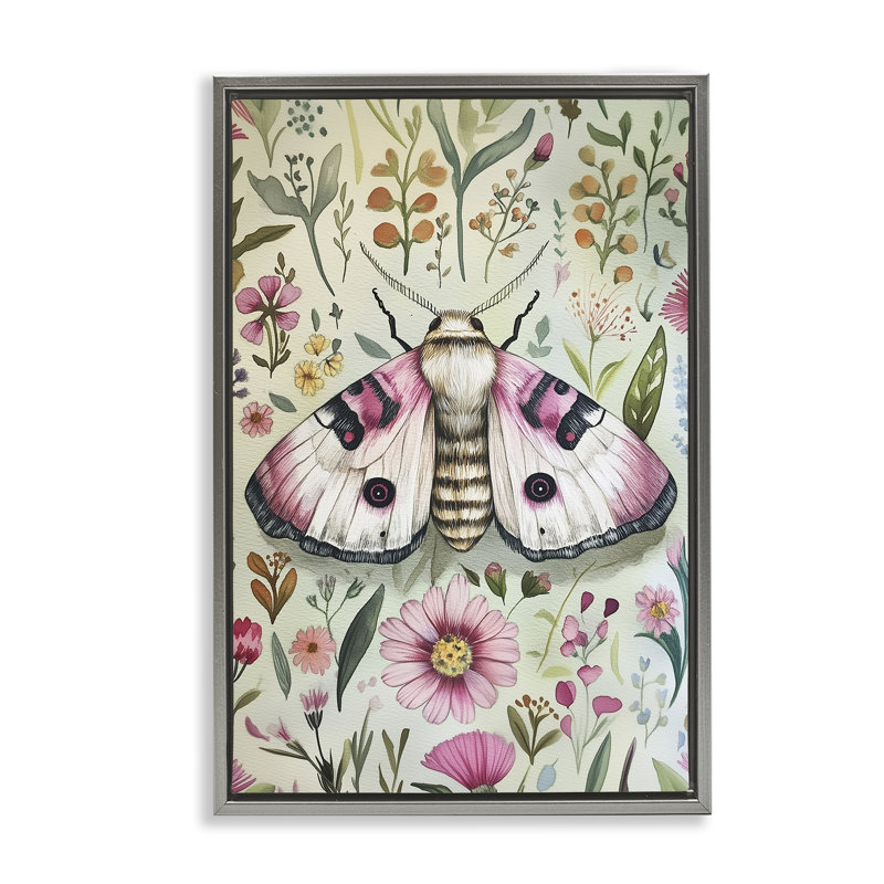 Cadre flottant Moth Over Floral Herbs, design par The Dutch Lady, H 31 po x l 21 po, Cadre flottant gris lustré