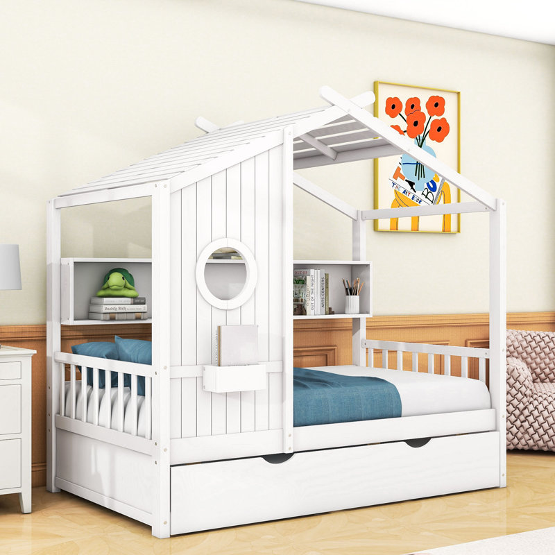 Lit en bois avec lit gigogne simple et tablettes de rangement, Simple, Blanc