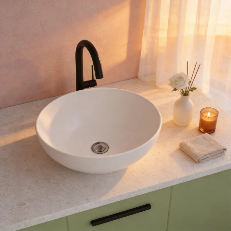 Lavabo-vasque ovale en porcelaine vitrifiée blanche de 40,6 x 33 cm (16 x 13 po), à poser sur un meuble-lavabo avec bonde de 4,4 cm (1,75 po).