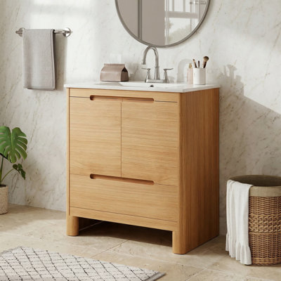 Rangement de salle de bain autoportant de 30 pouces avec lavabo en céramique, structure en bois massif, portes et tiroirs à fermeture en douceur