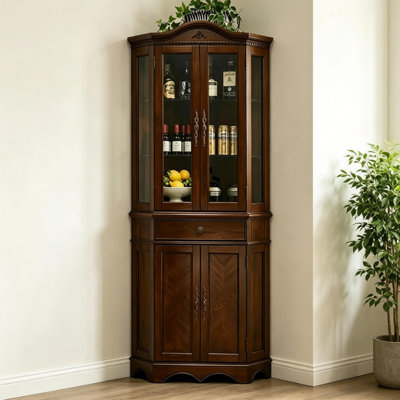 Armoire de coin triangulaire en bois de frêne vintage rétro, armoire à vin de rangement à double couche sur pied, portes en verre de style cadre et armoire de présentation en bois massif à tiroirs