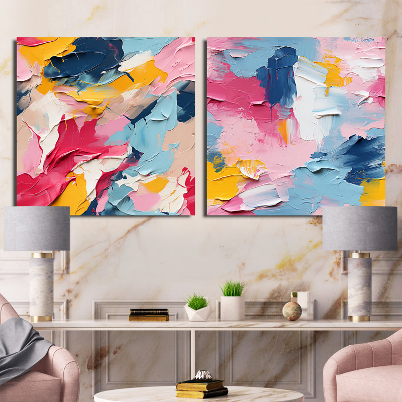 Aquarelle, superposition de rayures bleues et roses - ensemble de 2 collages carrés abstraits, Toile tendue