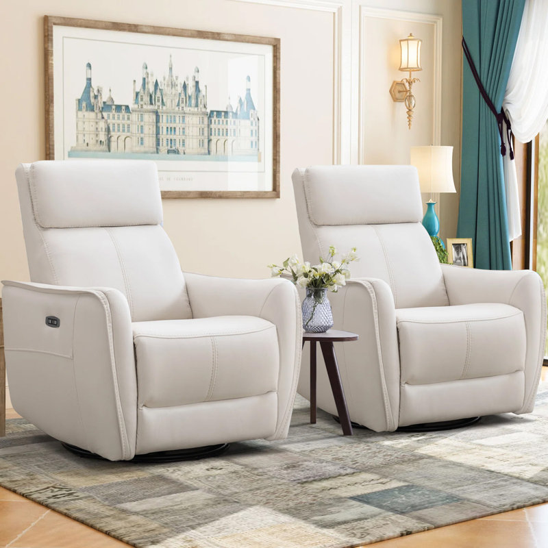 Ronni 32.3" Wide Modern Swivel and Rocker Power Recliner Chair with USB Port (Set of 2), Ivory