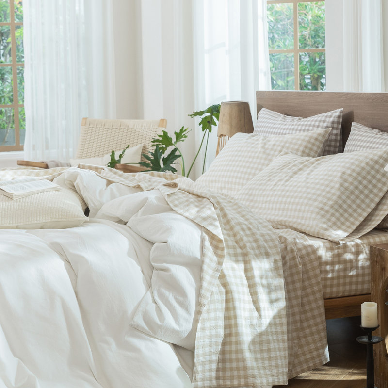 Ensemble de draps 100% coton lavé MooMee, Lait d'amande, gris, Ensemble de draps pour grand lit avec 2 taies d'or