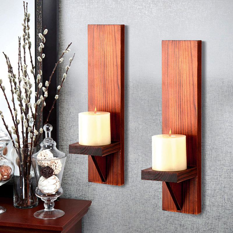 Lot de 2 appliques murales rustiques en bois pour chandelles piliers, marron, Brown