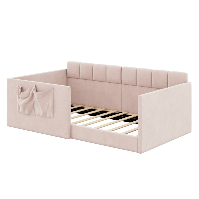 Élégant lit de jour rembourré avec panneaux latéraux hauts et poches de rangement latérales, Lit simple, Rose