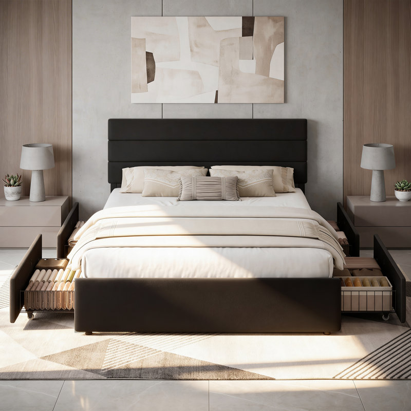 Candler Modern Bed With 4 Storage Drawers And Headboard, Velvet Upholstered Platform Bed, Sturdy Metal & Wooden Slats Support, No Box Spring Needed, Easy Assembly