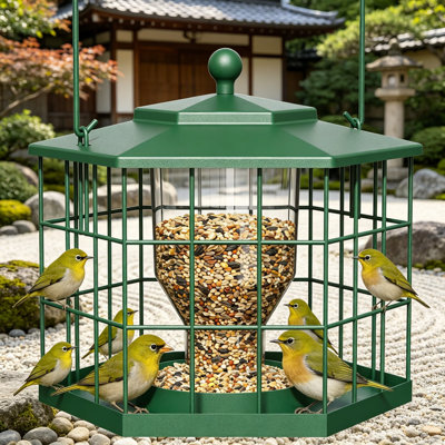 Squirrel Proof Bird Feeder For Outdoor Hanging, Heavy Duty Metal Cage Feeder With Rain Proof Cover, Attracts Wild Birds Bluebirds Finches Chickadees, Easy Fill And Clean Design