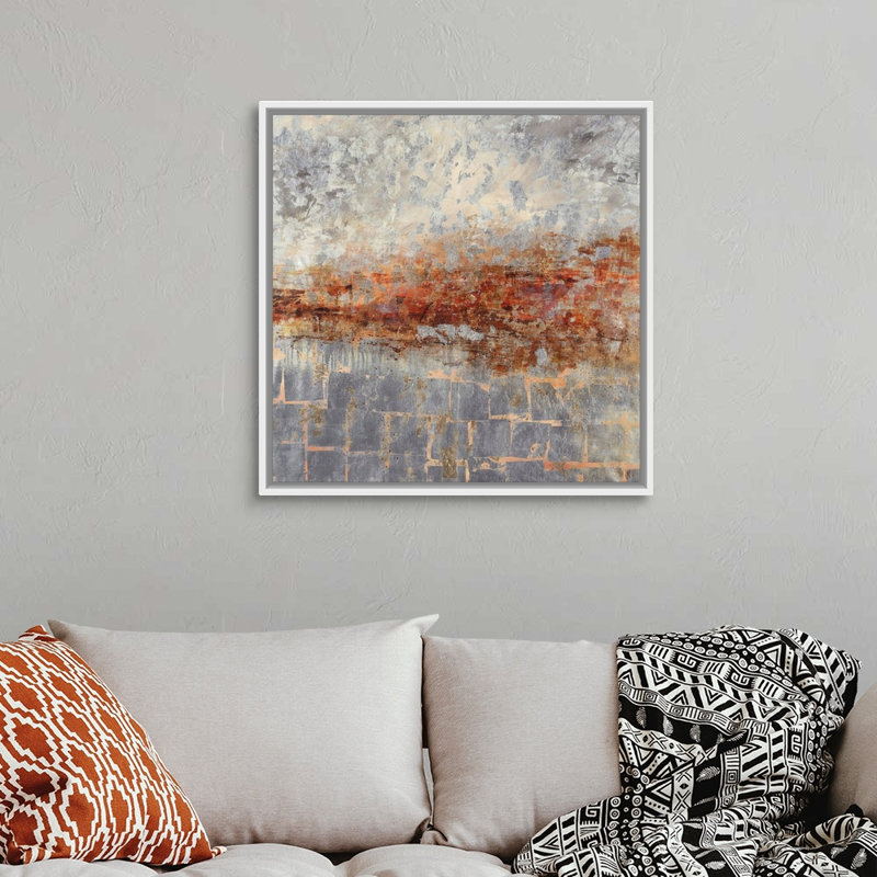 « fire lake ii », peinture sur toile, H 31,7 po x l 31,7 po x P 1,75 po, Cadre flottant blanc