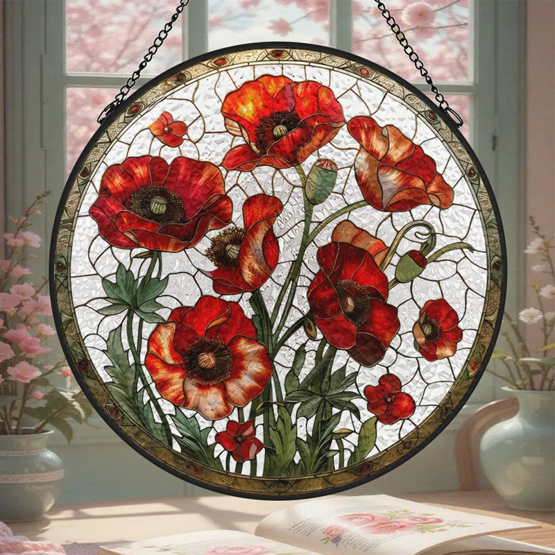 Vitrail coquelicots vitrail vitrail pour fenêtre, 6,3 x 6,3 po (16 x 16 cm)