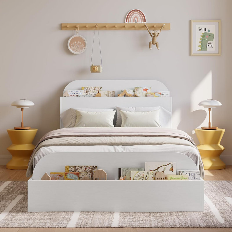 Lit plateforme simple en bois avec tête et pied de lit avec rangement, finition blanche, Lit simple, Blanc