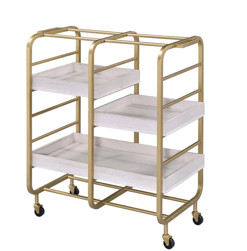 Washed Serving Cart with 4 Adjustable Trays, Gold, White