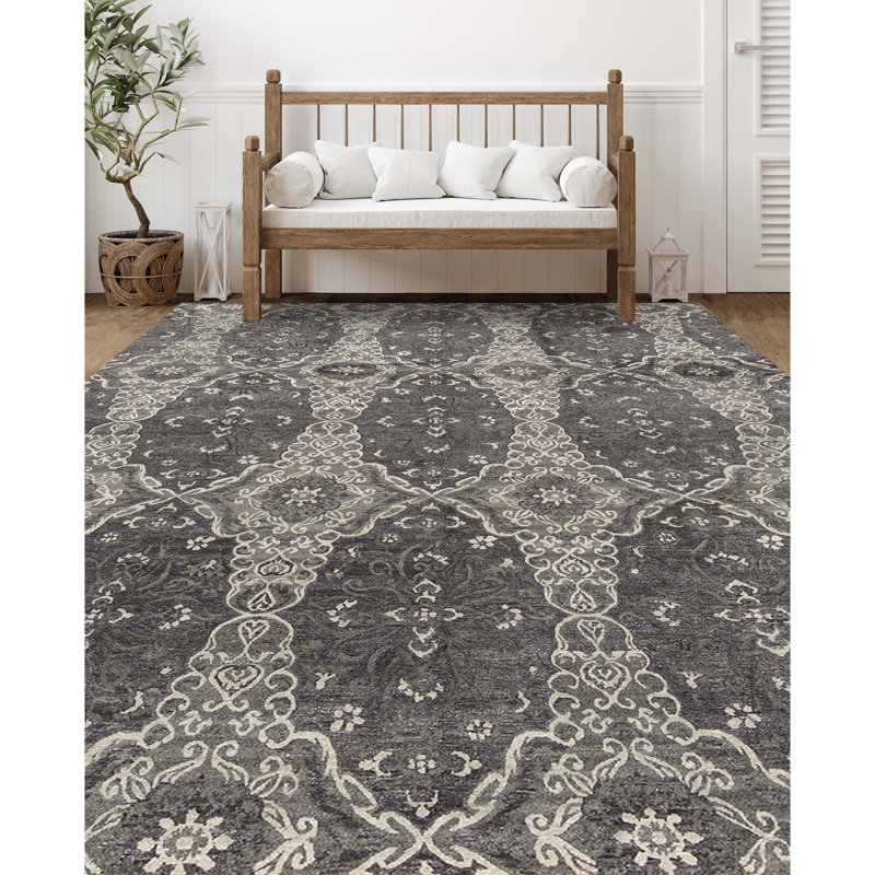 Wool Damask Area Rug in Charcoal/Ivory