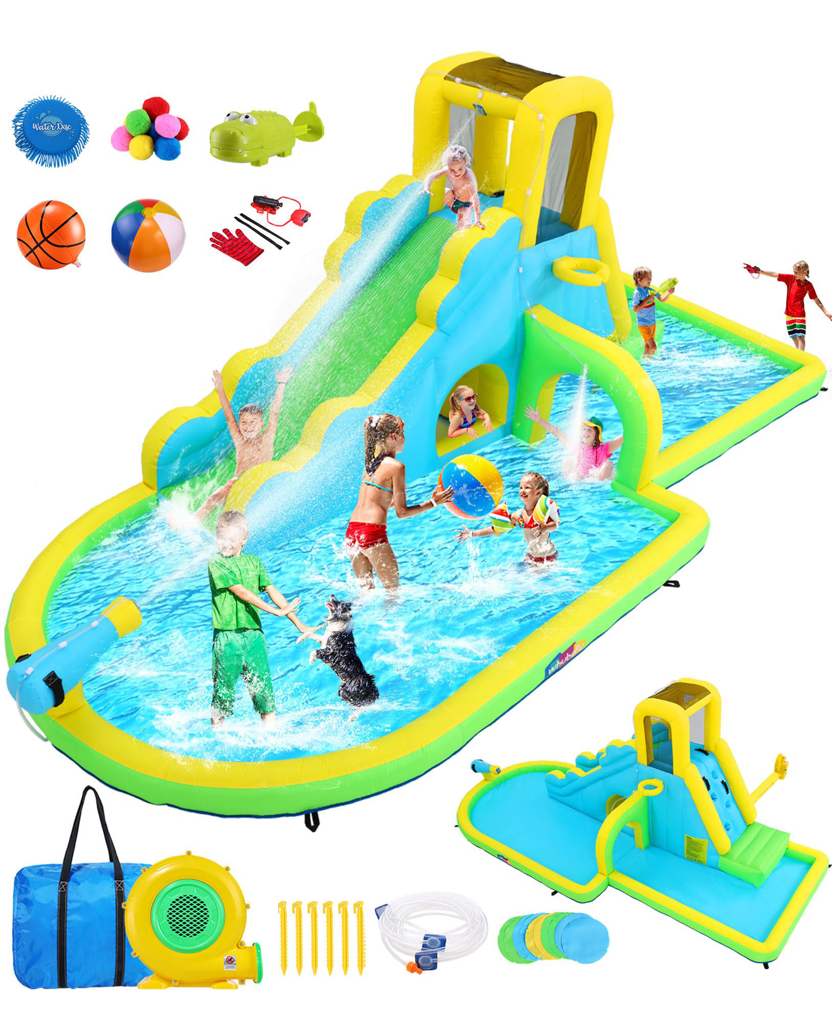Giant Inflatable Bounce House Water Slide Park Splashing Pool With 550W Blower