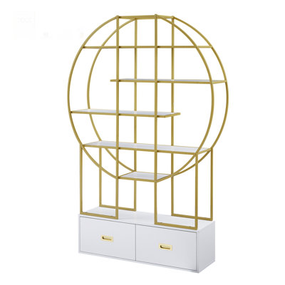 Round Office Bookcase with Display Shelf and Two Drawers, Perfect for Organized Storage and Stylish Decor.
